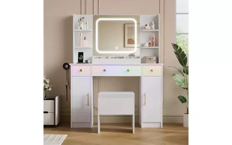 DEXYLLO Makeup Vanity Desk with Lights, LED Vanity with Lighted Mirror, Charging Station, RGB Vanity Table Set with 3 Drawers