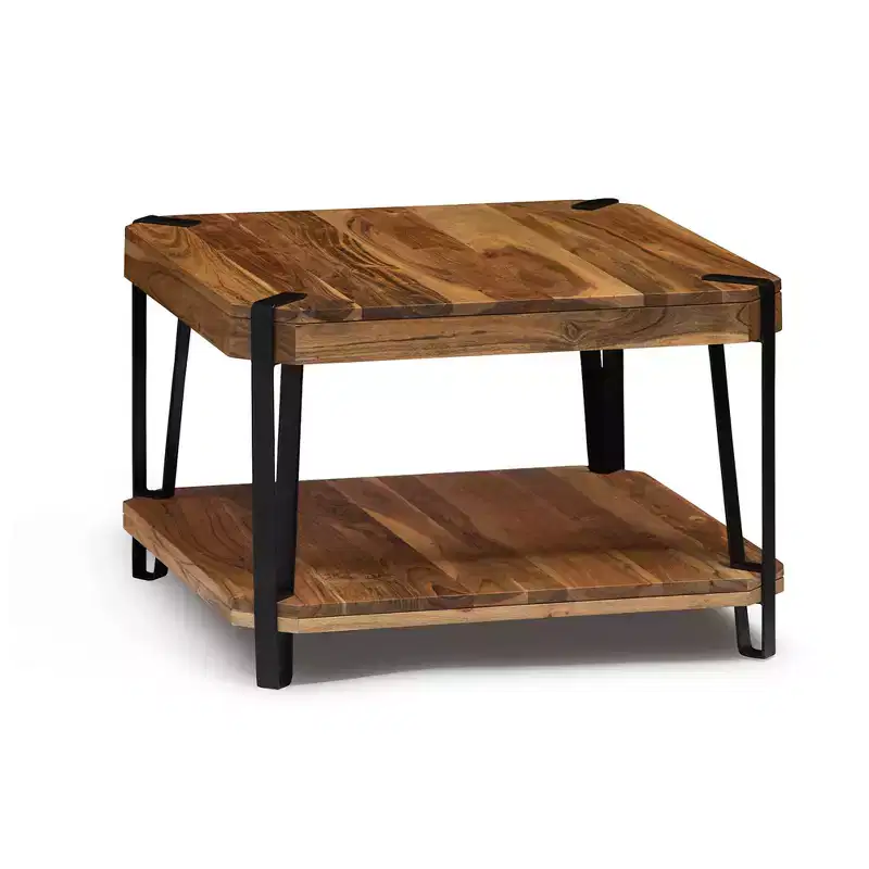 Alaterre Furniture 28" Ryegate Natural Brown Live Edge Solid Wood Cube Coffee Table Metal And Wood: Acacia Top, 4-Leg Base