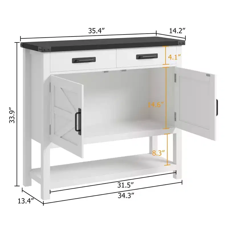 Entryway Table Storage Cabinet - 2 Doors & 2 Drawers Solid Wood, Multifunctional Coffee Bar, Sofa Console for Living Room, Hallway (White)
