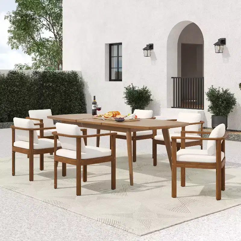 Christopher Knight Home Merlin Patio Rustic 7-Piece Acacia Wood Outdoor Expandable Dining Set with Cushioned Dining Chairs