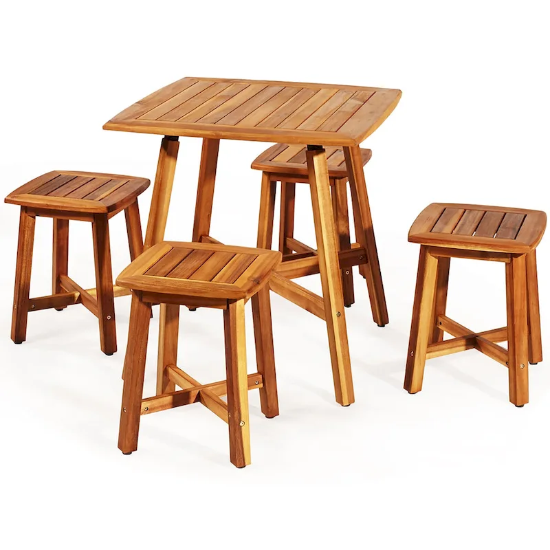 Costway 5PCS Acacia Patio Dining Set W/Square Table & 4 Stools Reddish
