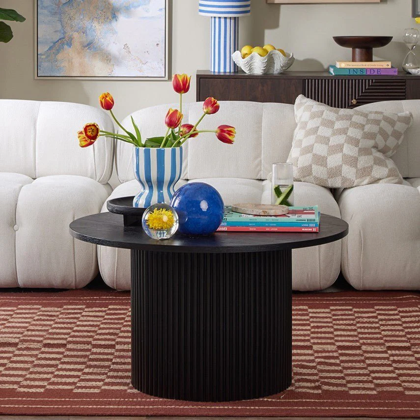Contemporary Black Wood Effect Pedestal Coffee Table with Slim Cylindrical Base for Living Room