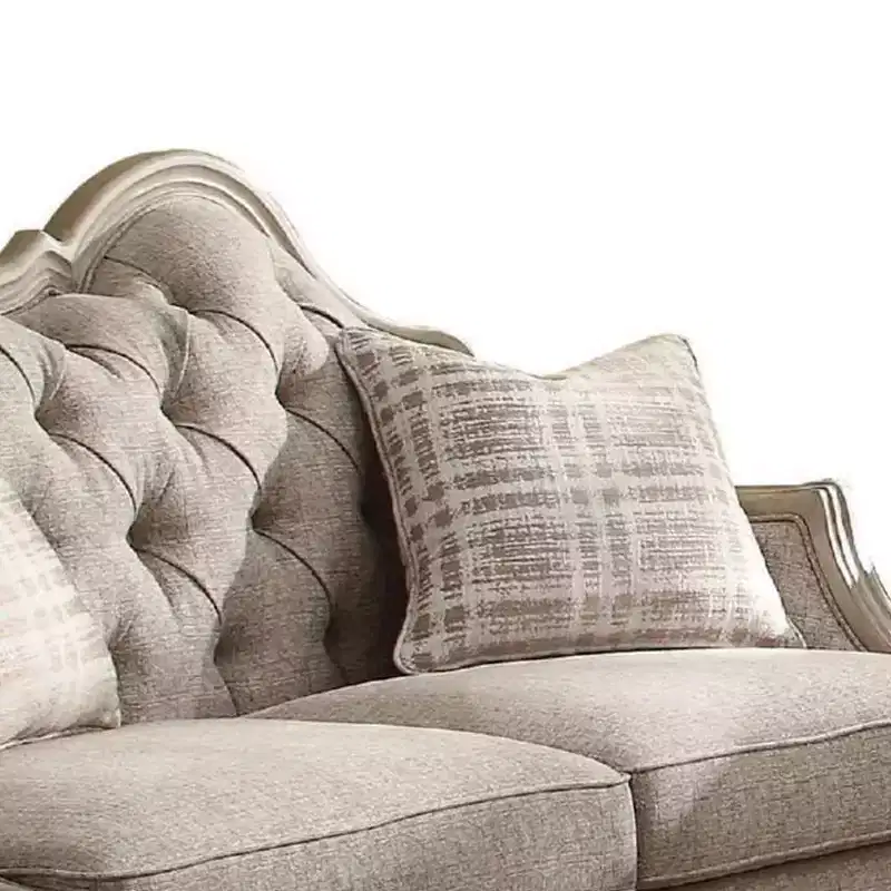 Tufted Loveseat Beige Fabric Upholstered Camelback Sofa Antique Taupe Wood Legs