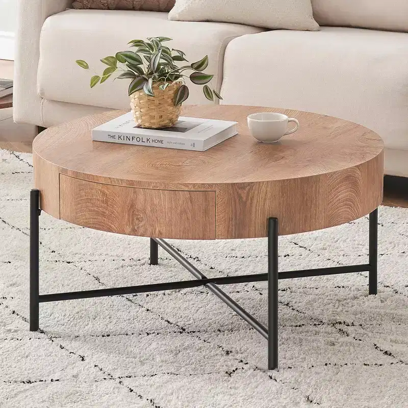Wood Center TableCircle Coffee Table with StorageCoffee Table with DrawersVintage Coffee Table for Living Room