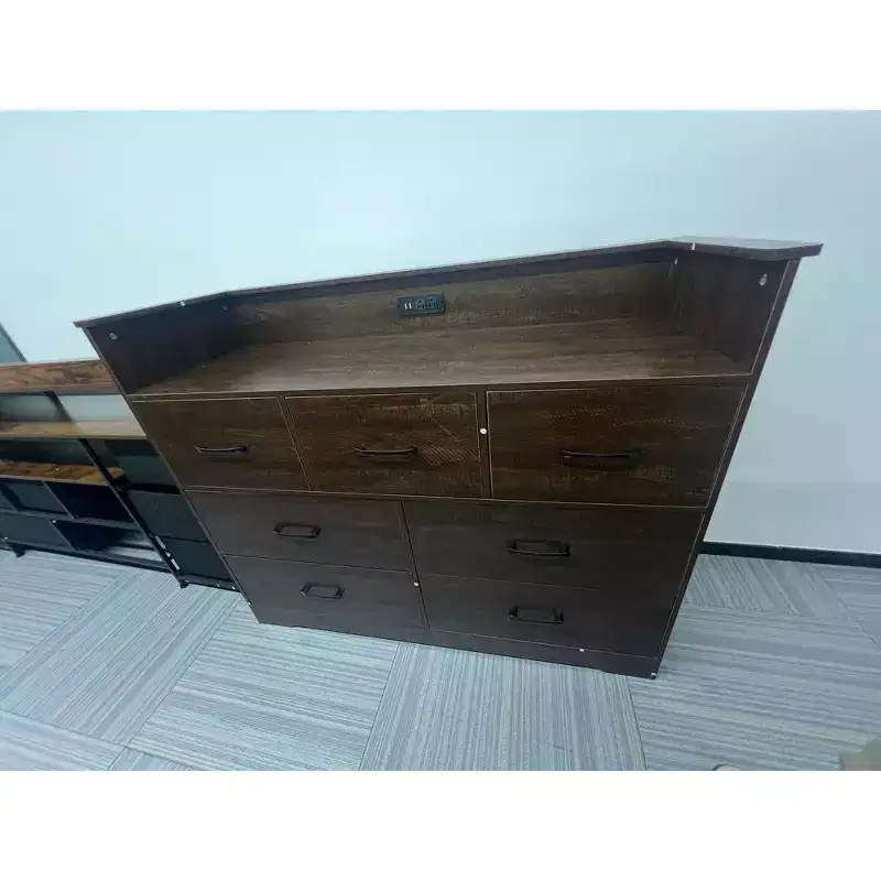 7-Drawer Wooden Dresser with LED Lights & Power Outlet, Modern Storage Chest with Smooth Gliding Drawers, 47x16x47 inch, Black Wood Grain