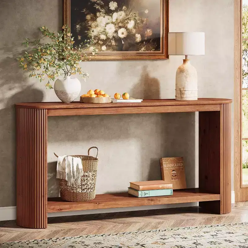 63 Long Solid Wood Console Table, Farmhouse 2-Tier Narrow Sofa Entryway Table for Living Room, Hallway, Easy Assembly