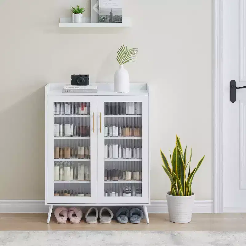 5-Tier Shoe Storage Cabinet with Glass Doors, Adjustable Shelves for Entryway, Hallway & Living Room, White Shoe Organizer with Spacious Storage