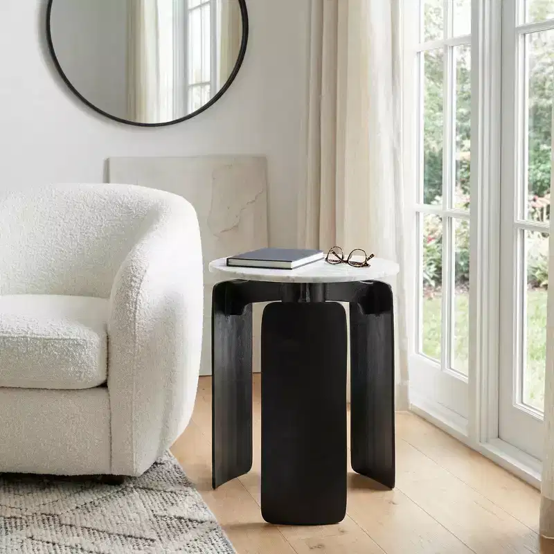 Modern Round Marble-Top Accent Side Table for Living Room Styling - Chic Narrow End Table with Sculptural Base for Home Decor - 20, White and Black