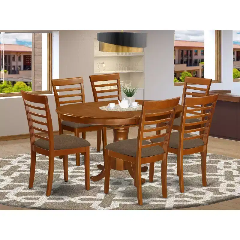 HomeStock 7-Piece Oval Saddle Brown Finish Solid Wood Top Dining Table with 6-Chairs