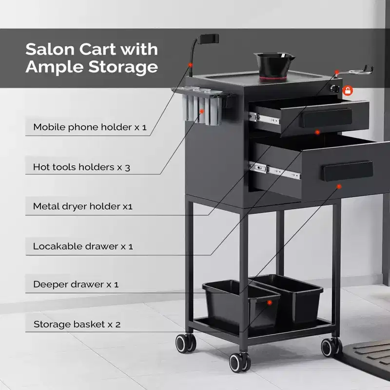 Metal Rolling Salon Trolley Cart with 2 Lockable Drawers