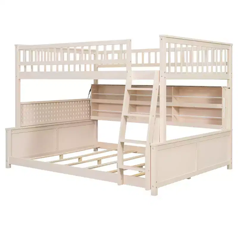 Full Xl Over Queen Low Bunk Bed With Built In Lighted Shelves And Pegboard