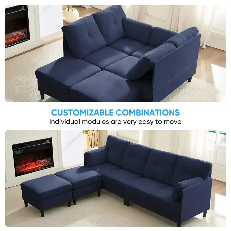 Mjkone Modular Convertible Sectional Sofa Couch, Upholstered Comfy Fabric 4-Seater Sofa with Movable Ottomans