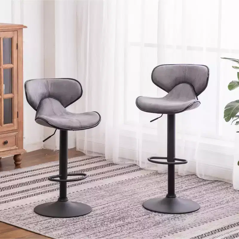 Roundhill Furniture Masaccio Upholstery Airlift Adjustable Swivel Barstool with Chrome Base, Weathered Gray, Set of 2