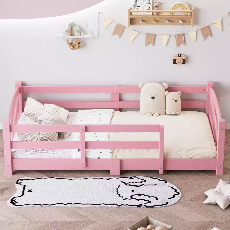 Twin Montessori Floor Bed with Slats and Guardrails, Solid Wood Kids Floor Bed with Fence, Pink