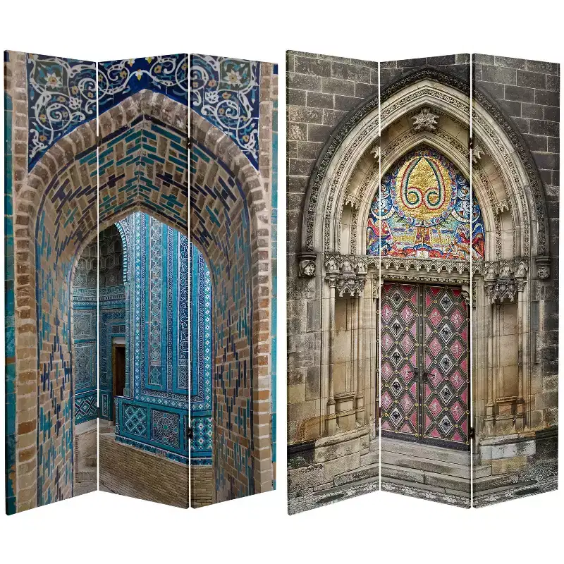 6-Panel Double Sided Heavenly Archways Canvas Room Divider, Blue/Beige, Lightweight, No Assembly Required