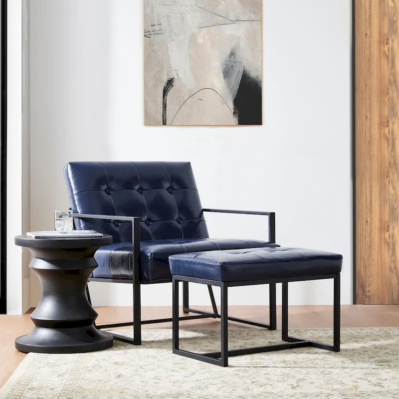 Glitzhome Modern PU Leather Tufted Accent Chair with Ottoman Set