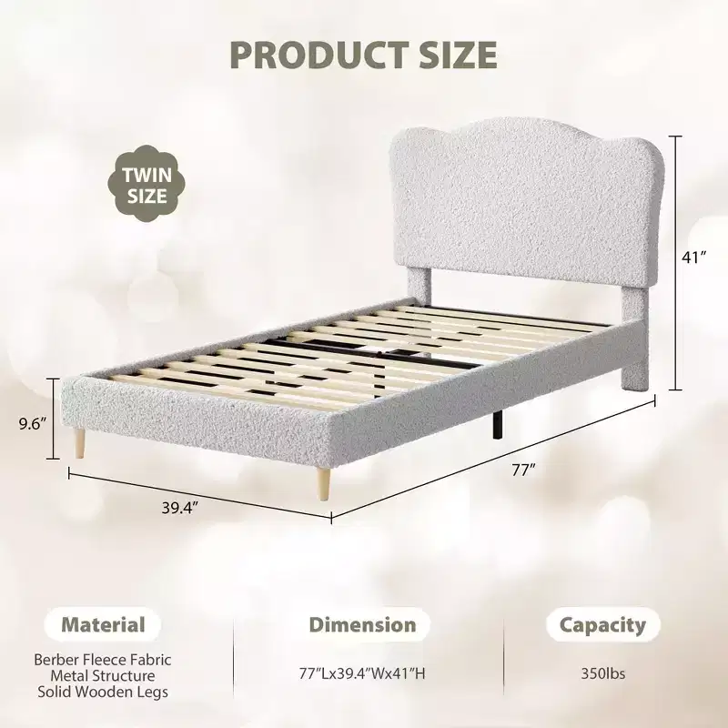 Upholstered Platform Bed Frame for Kids - Cute soft or Boucle Headboard - Sturdy Wooden Slats Support - Noise-Free, No Box Spring Needed