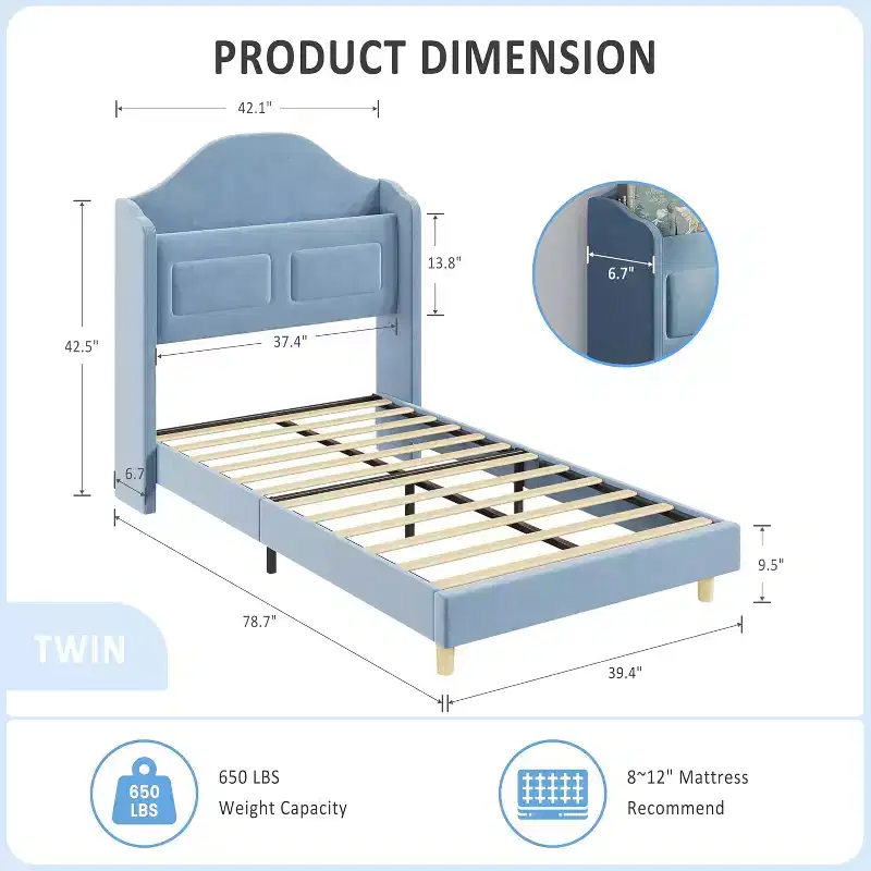 Twin LED Bed Frame with Storage Headboard and Charging Station, Velvet Upholstered Platform Bed Frame with Bookcase, No Box Spring Needed