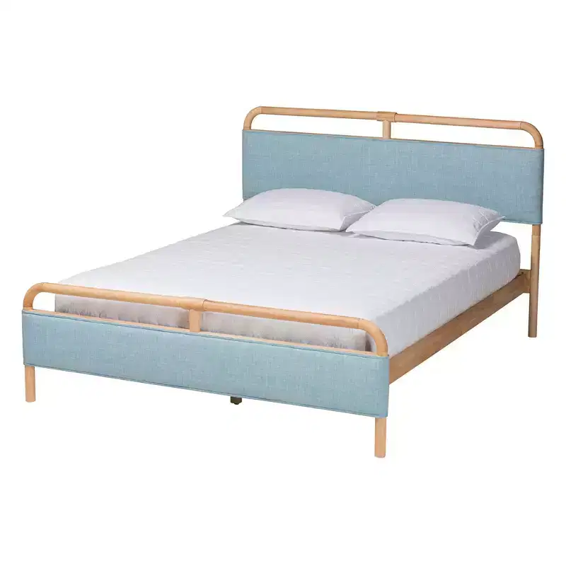 Baxton Studio Queen Mateo Fabric and Natural Wood Platform Bed Baby Blue/Natural