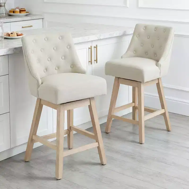 Vipbear modern style bar stool, 36-inch high bar, retro diamond buckle design, rotatable, solid wood legs, linen