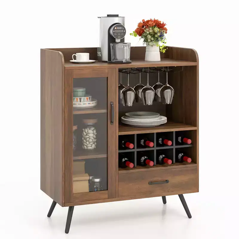 Costway Kitchen Storage Cabinet Sideboard with 3-Row Wineglass Holder Removable Rack Tempered Glass Door & Anti-Tipping Kits