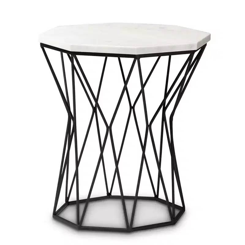 Metal End Table with Marble Tabletop Black Rectanglving Rooe Side Table for Lim, No Assembly Required