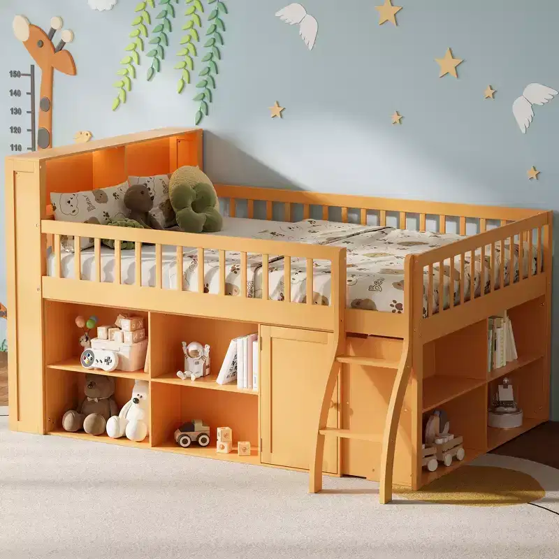 Full Size Loft Bed Frame with Storage and Built-in Headboard, Space-Saving Design
