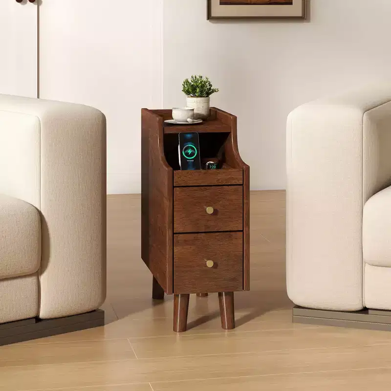 Solid Wood End Table w/ Pull-out Tray & 2 Storage Drawers Cable Management