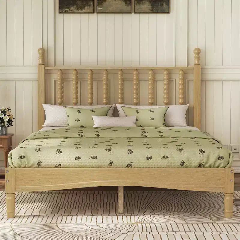 Full/King Size Wood Platform Bed with Gourd Headboard, Retro Style Bed Frame, No Box Spring Needed, Walnut/Natural