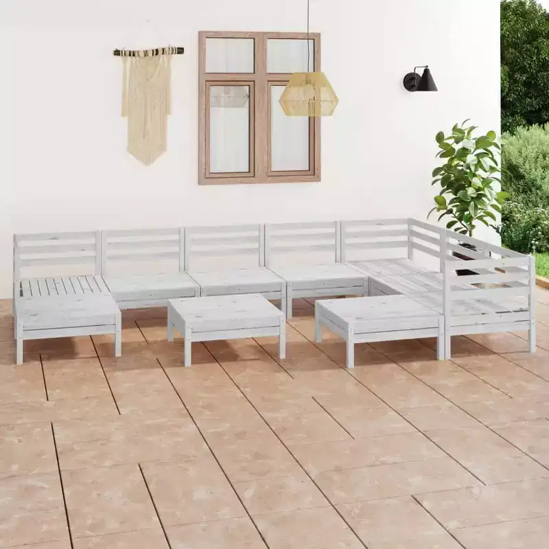vidaXL Patio Lounge Set - 10 Piece Solid Pinewood Furniture, Rustic White Pallet Design, All-Weather Resistant, Ideal for Indoor/Outdoor Use