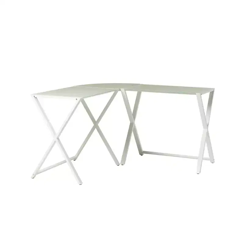 GDFStudio Biorn Modern L-Shaped Metal and Tempered Glass Computer Desk with X-Frame