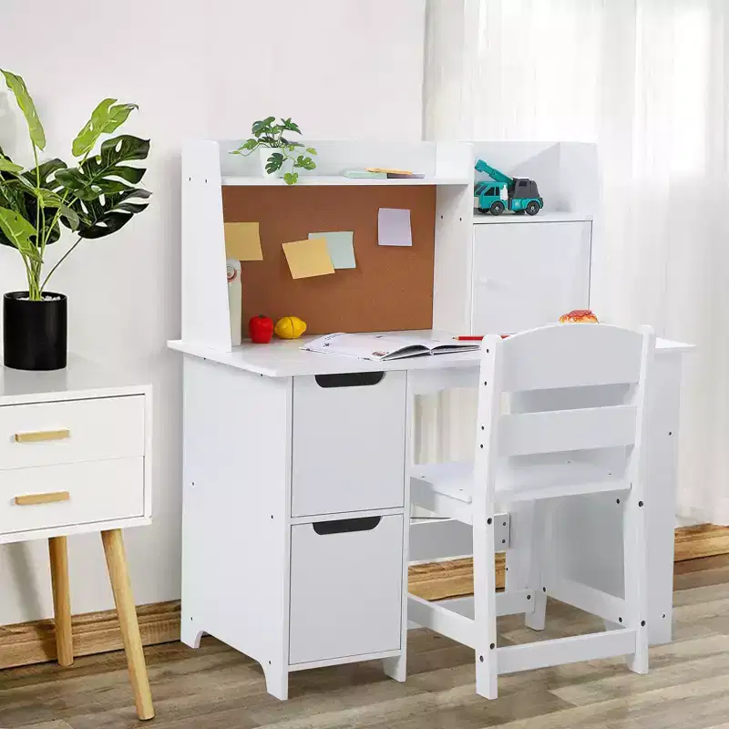 CuisinSmart Kids Desk and Chair Set, Wooden Study Table with Storage Shelf, Bulletin Board for Children 3-8