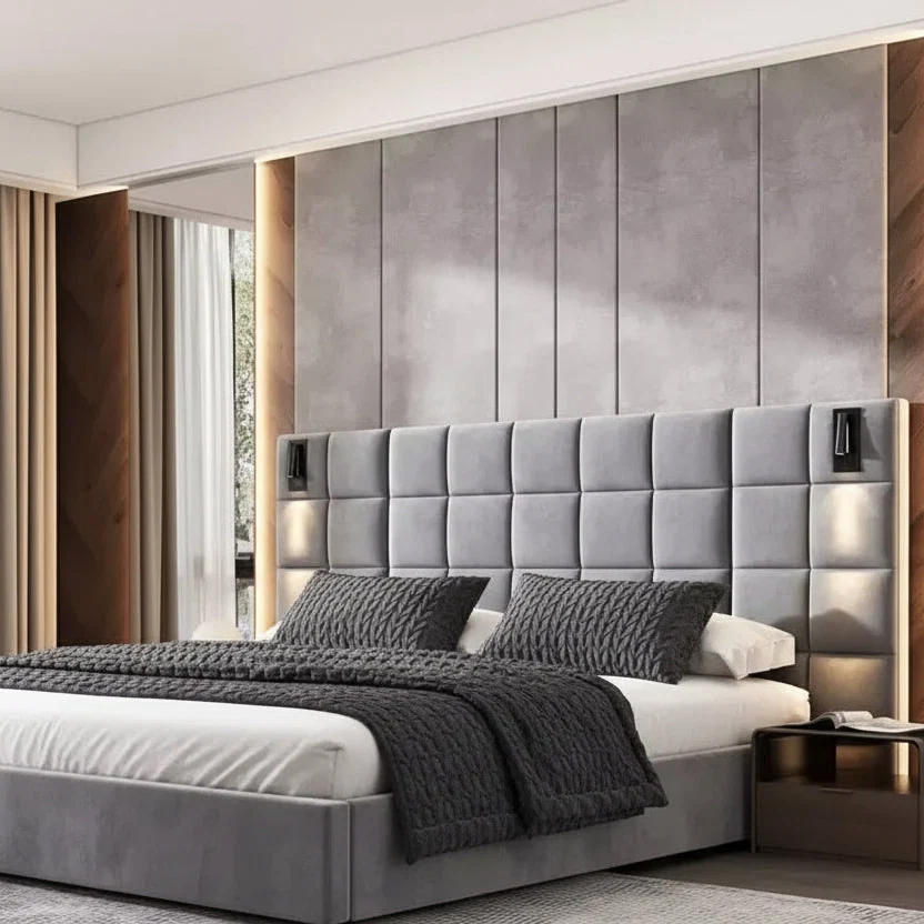 Modern Upholstered Velvet Bed with Reading Lamp and USB Ports, Bedroom Platform Bed