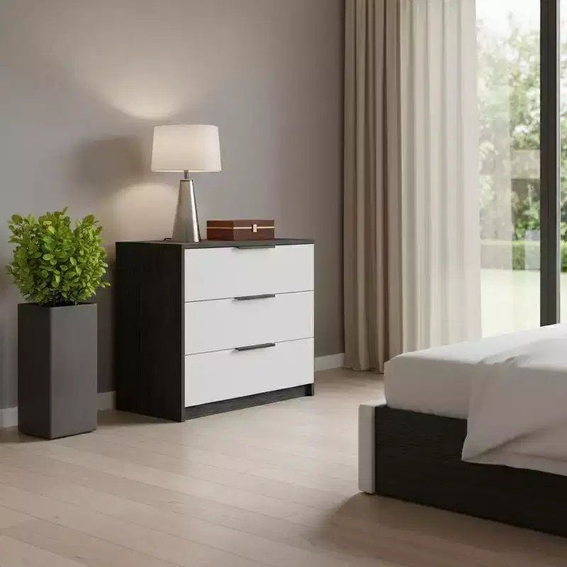 28 White and Smokey Oak Manufactured Wood Three Drawer Dresser
