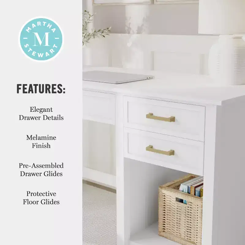Martha Stewart Hutton Shaker Style Home Office Desk with 2 Side Drawers in White with Polished Brass Hardware