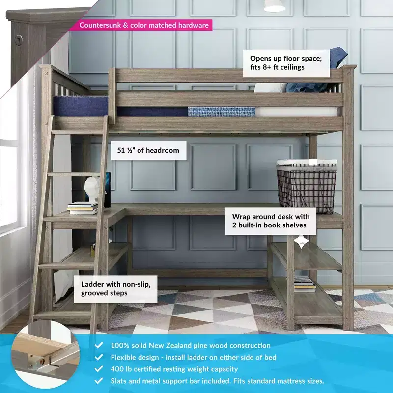 Twin Loft Bed with Desk and Storage Shelves for Kids