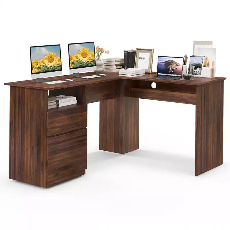 Costway L Shaped Computer Desk 59'' Corner Study Writing Desk with Open Compartment & 2 Cable Management Holes Walnut/White