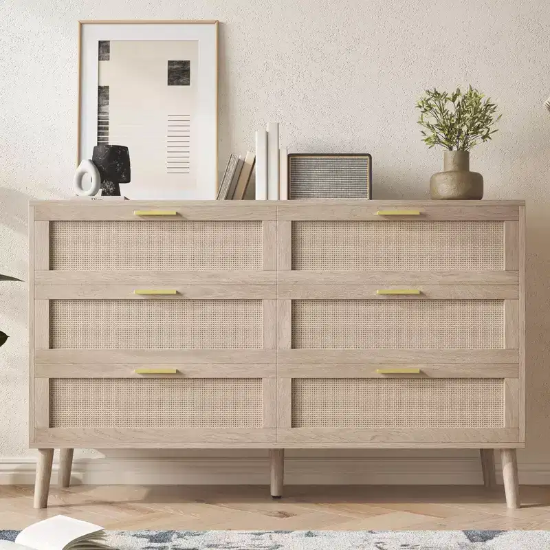 6-Drawer Rattan Dresser with Gold Metal Handles,Farmhouse Chest with 5 Sturdy Legs for Bedroom, Living Room, Hallway & Entryway