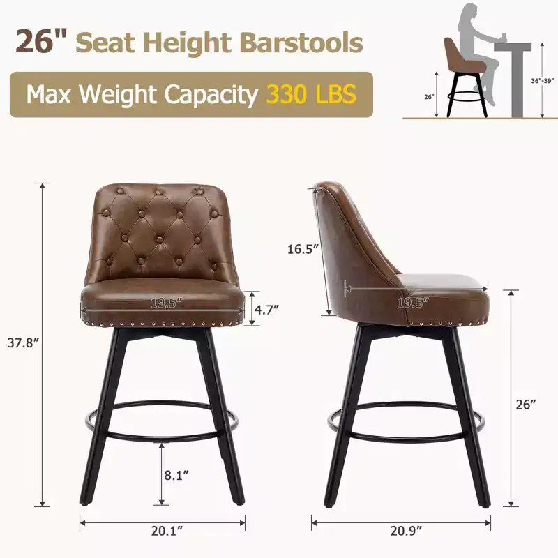 Counter Height Bar Stools Set of 2, Modern Swivel Bar Stools with Back and Wood Legs, 26 H Seat Height Upholstered Barstools Bar Chair for Kitchen