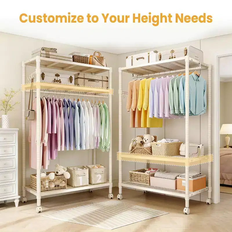 Heavy Duty Rolling Clothes Rack with Wheels, Freestanding Metal Garment Rack with Adjustable Shelves, Gray