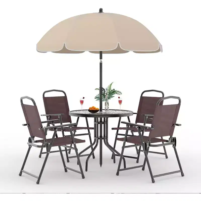 COZONY Patio Dining Set for 4, 6 Piece Outdoor Furniture 4 Folding Chairs Table Tempered Glass Top for Garden Deck Poolside