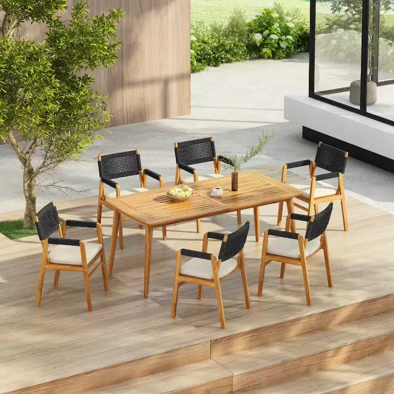 Christopher Knight Home Quinn 7 Pieces Patio Slat Design Acacia Upholstered Dining Set