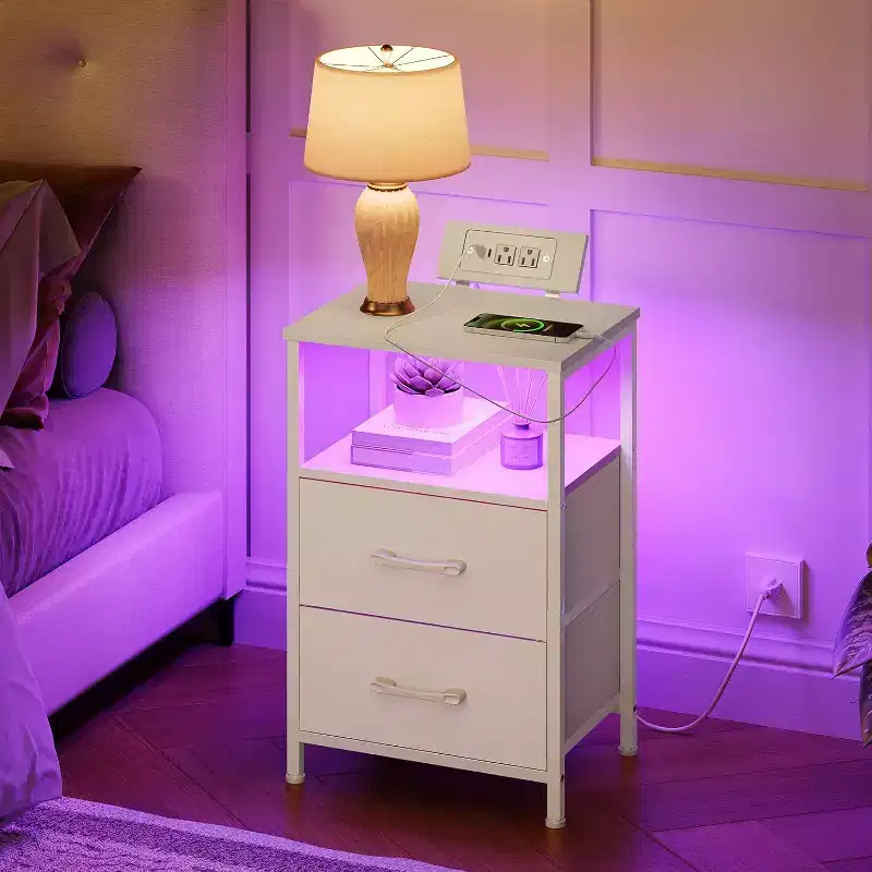 White Nightstand with Charging Station – LED Lights, 2 Fabric Drawers, AC/USB/Type-C