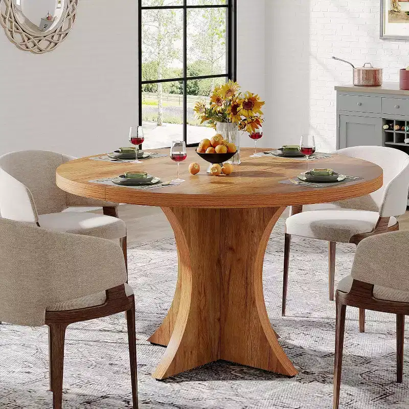 Lantine 47.24-Inch Round Dining Table for 4-6, Farmhouse Kitchen Table with Pedestal Base, Small Dinner Table for Dining Room, Living Room, Brown