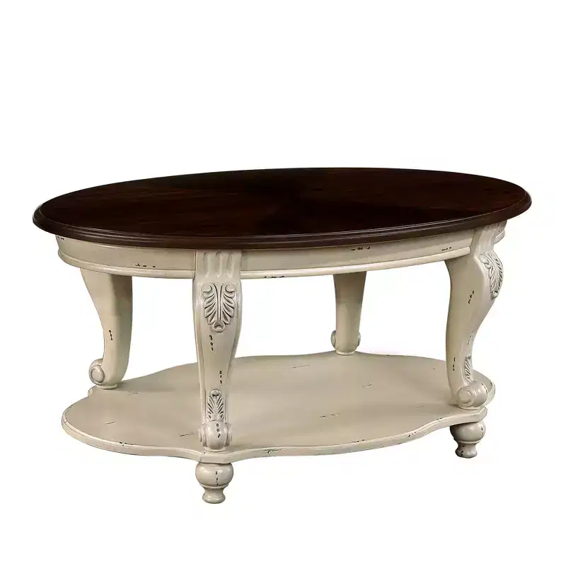 Hostack 42'' oval wood coffee table with 2-Tiers and Open Storage Shelf for Living Room, Beige and Espresso Top