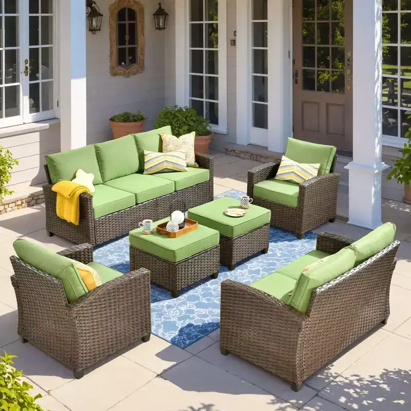 HOMLUX 6 PCS Wicker Patio Conversation Set 3-Seat Sofa with Cushion, Loveseat, Rattan Chairs, Ottomans for Garden Backyard