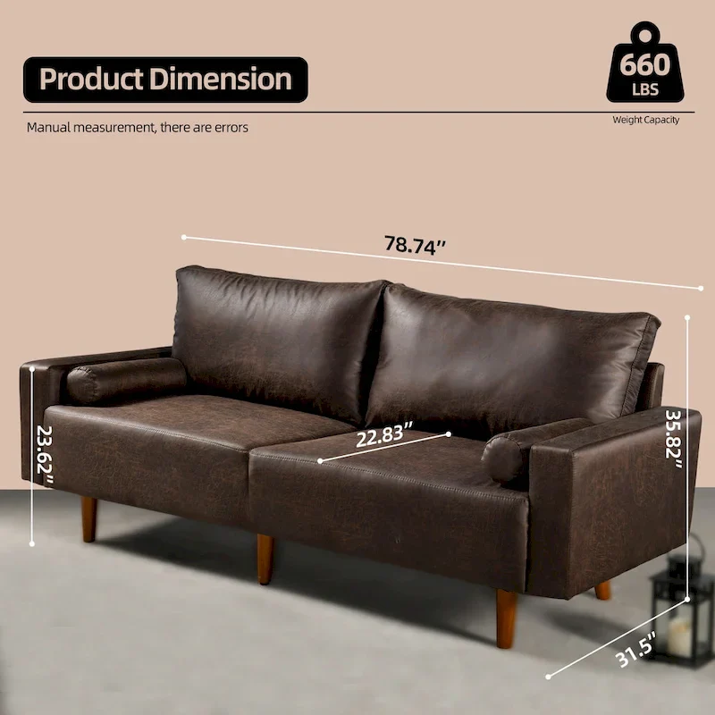 Mid-Century Modern Upholstered Sofa Couch with Rolled Pillows