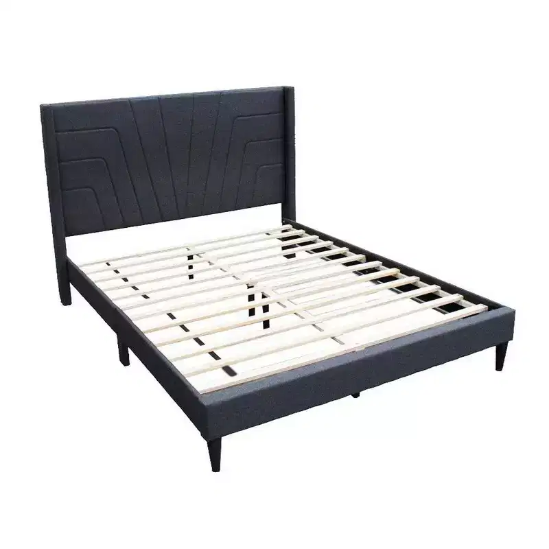 Queen Size Bed with Tufted Headboard, Charcoal Burlap Upholstery, Wood