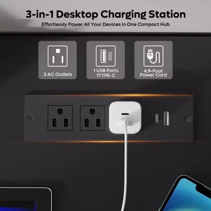 Bestier 59'' Office Desk with Charging Station & Keyboard Tray, Computer Desk with Drawers, Modern Executive Desk for Home office