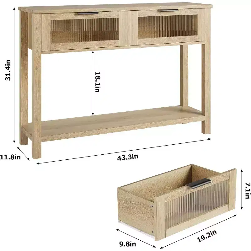 Rustic Wood Console Table with 2 Glass Drawers – Narrow 2-Tier Sofa Side Table